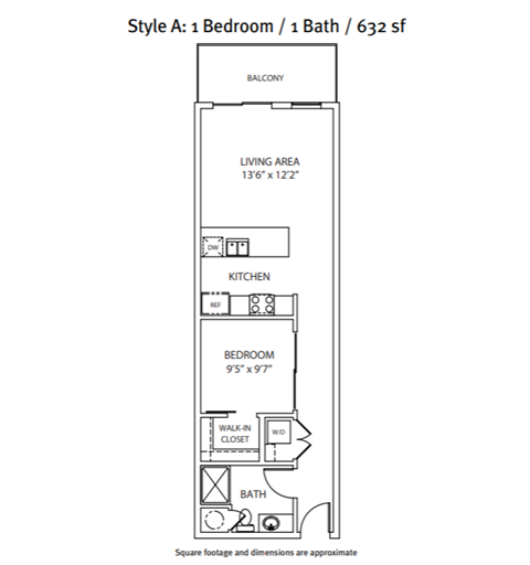 Floor plan for 1 bed, 1 bath, 632 sqft